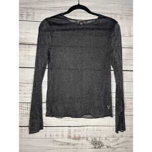 VICTORIA SECRET Black Mesh Long Sleeve Top XS Metallic Witchy Fairy Shimmer Lace